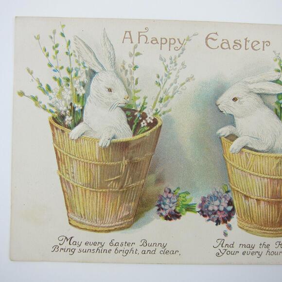 Easter Postcard Two White Rabbits in Baskets Purple Flowers Embossed Antique - Picture 8 of 12